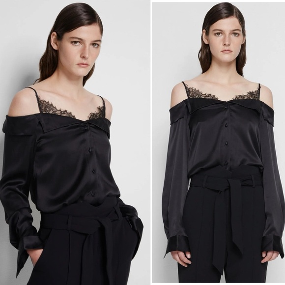 JONATHAN SIMKHAI Caylee Silk Lace Plisse Off Shoulder  Button Down Blouse Top - Picture 7 of 16